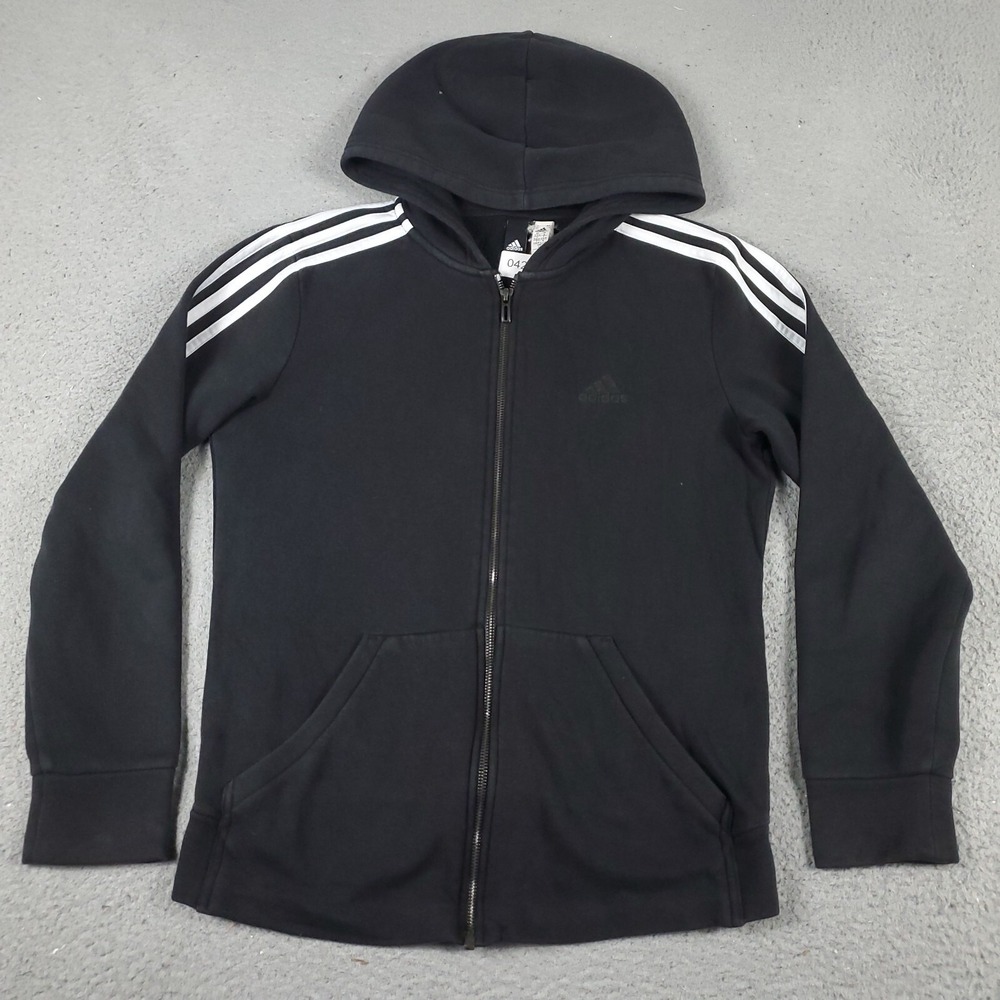 Adidas Womens Small Black Full Zip Hoodie Sweatshirt 3 Stripe Mock Neck Jacket